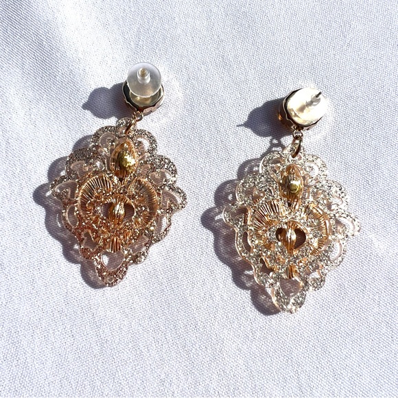 Pink Enamel Heart Earrings Green Amber Rhinestone Gold Drop Sparkly Statement - Picture 6 of 6